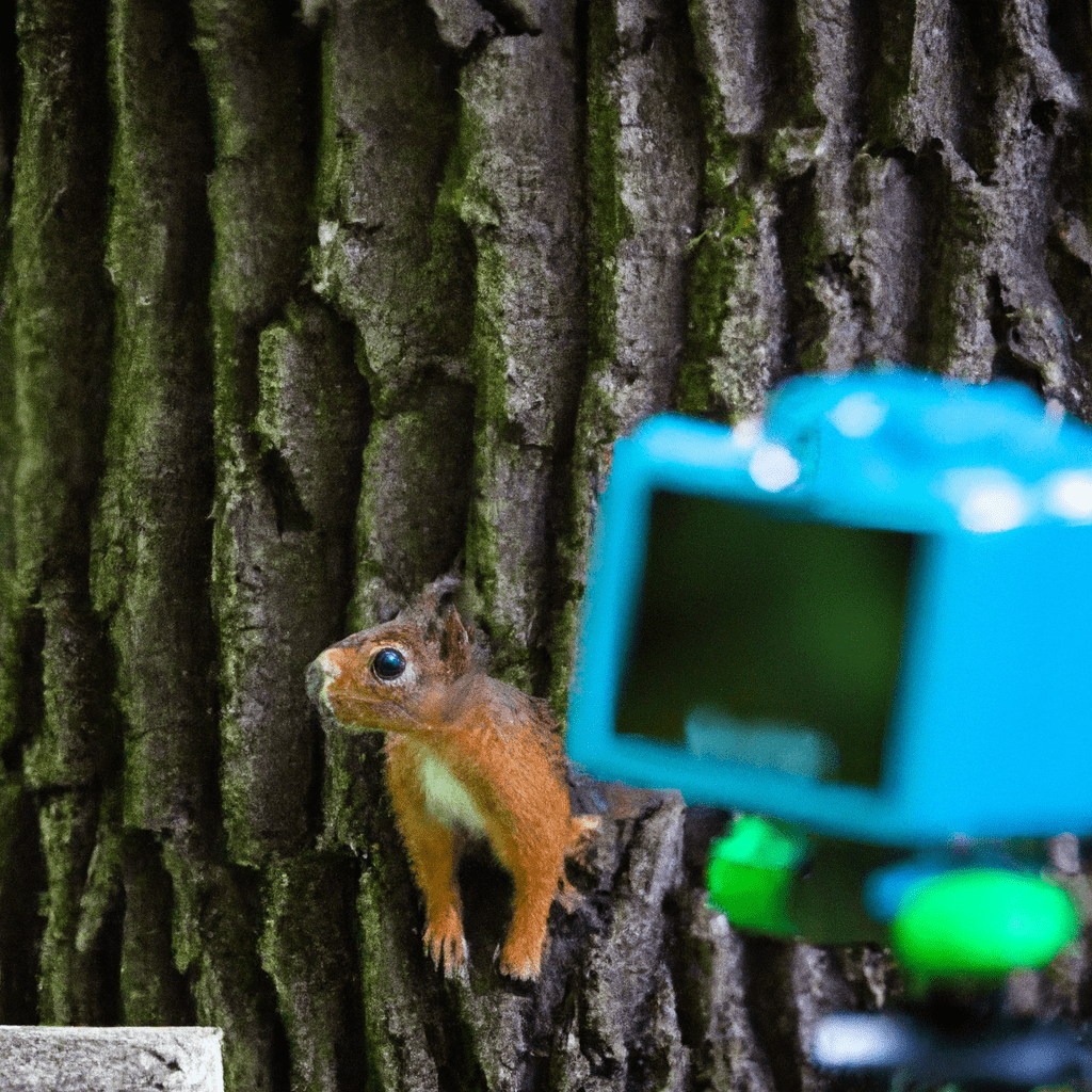 A photo showcasing a wireless trail camera capturing the hidden nighttime activities of squirrels in their natural habitat. The camera, equipped with high-resolution capabilities, effortlessly blends into the lush green environment, providing a glimpse into the secret lives of these fascinating creatures. Sigma 85 mm f/1.4. No text.. Sigma 85 mm f/1.4. No text.