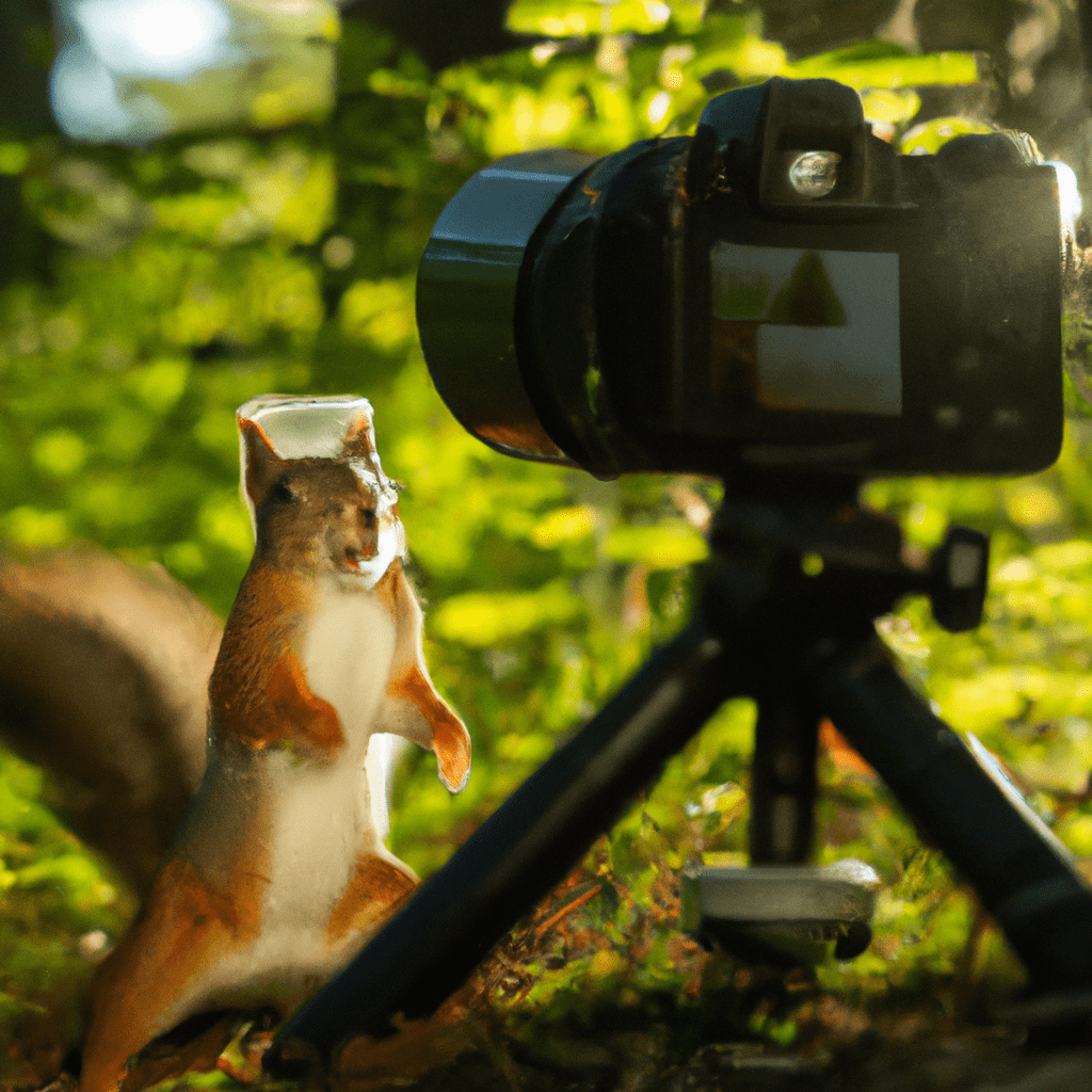 A photo capturing the unique personalities and behaviors of squirrels in their natural habitats through the use of camera traps.. Sigma 85 mm f/1.4. No text.