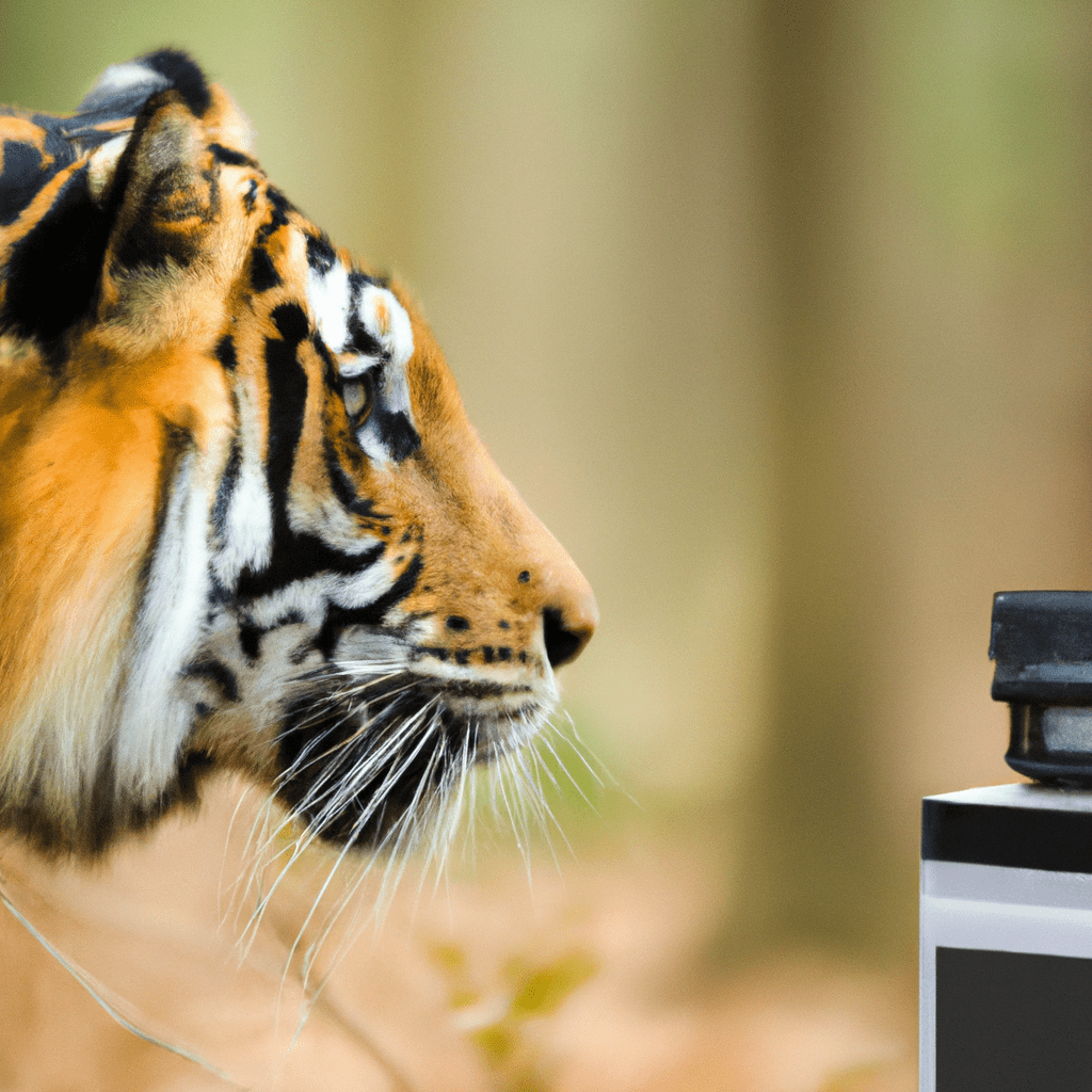 An image of a wildlife camera capturing a stunning close-up shot of a majestic tiger in its natural habitat. Sigma 85 mm f/1.4. No text.. Sigma 85 mm f/1.4. No text.