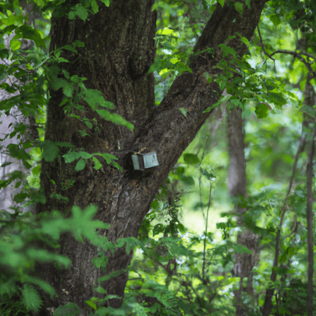 A photo of a well-hidden and camouflaged trail camera placed on a tree in a lush green area, surrounded by shrubs and old trees, with a clear view of a squirrel pathway.. Sigma 85 mm f/1.4. No text.