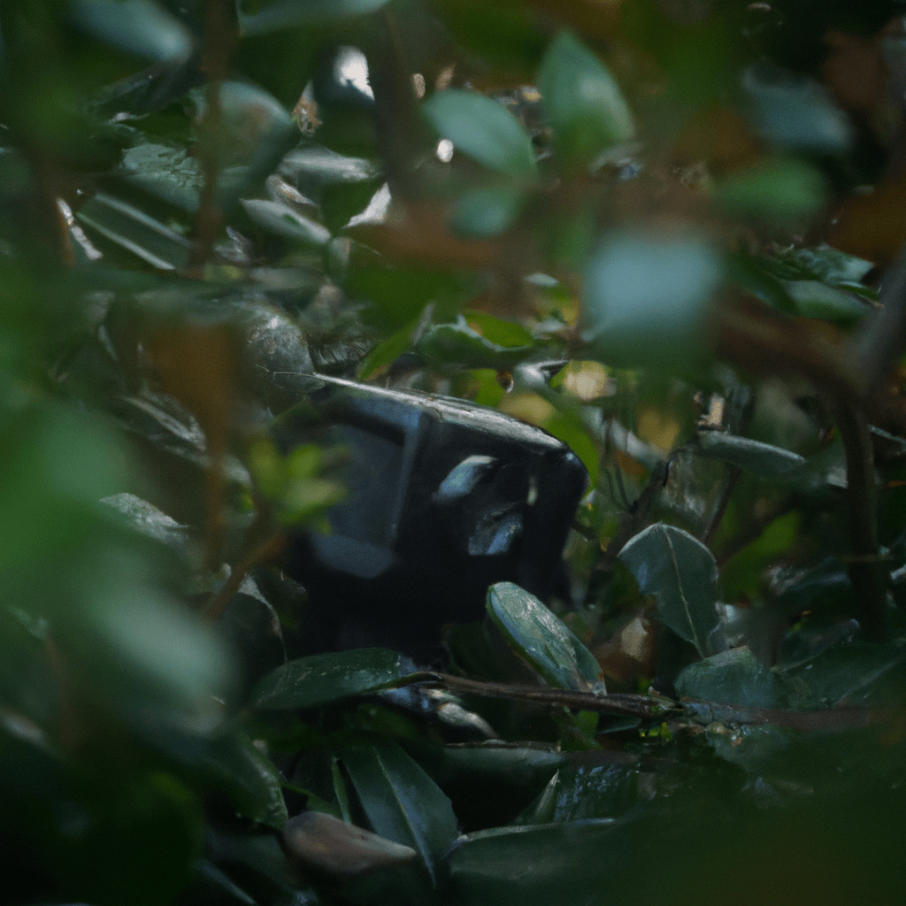 3 - [Photo: A close-up shot of a motion-activated camera hiding in the bushes, ready to capture the secretive movements of a nocturnal predator in the wild]. Sigma 85 mm f/1.4. No text.. Sigma 85 mm f/1.4. No text.