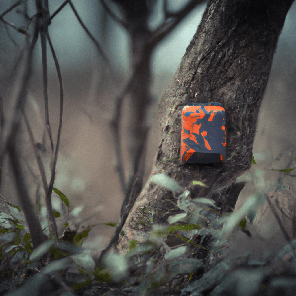 A photo showcasing a trail camera with a discreet design, blending seamlessly into its natural surroundings. Capture wildlife undetected with this innovative camouflage. Sigma 85 mm f/1.4. No text.. Sigma 85 mm f/1.4. No text.