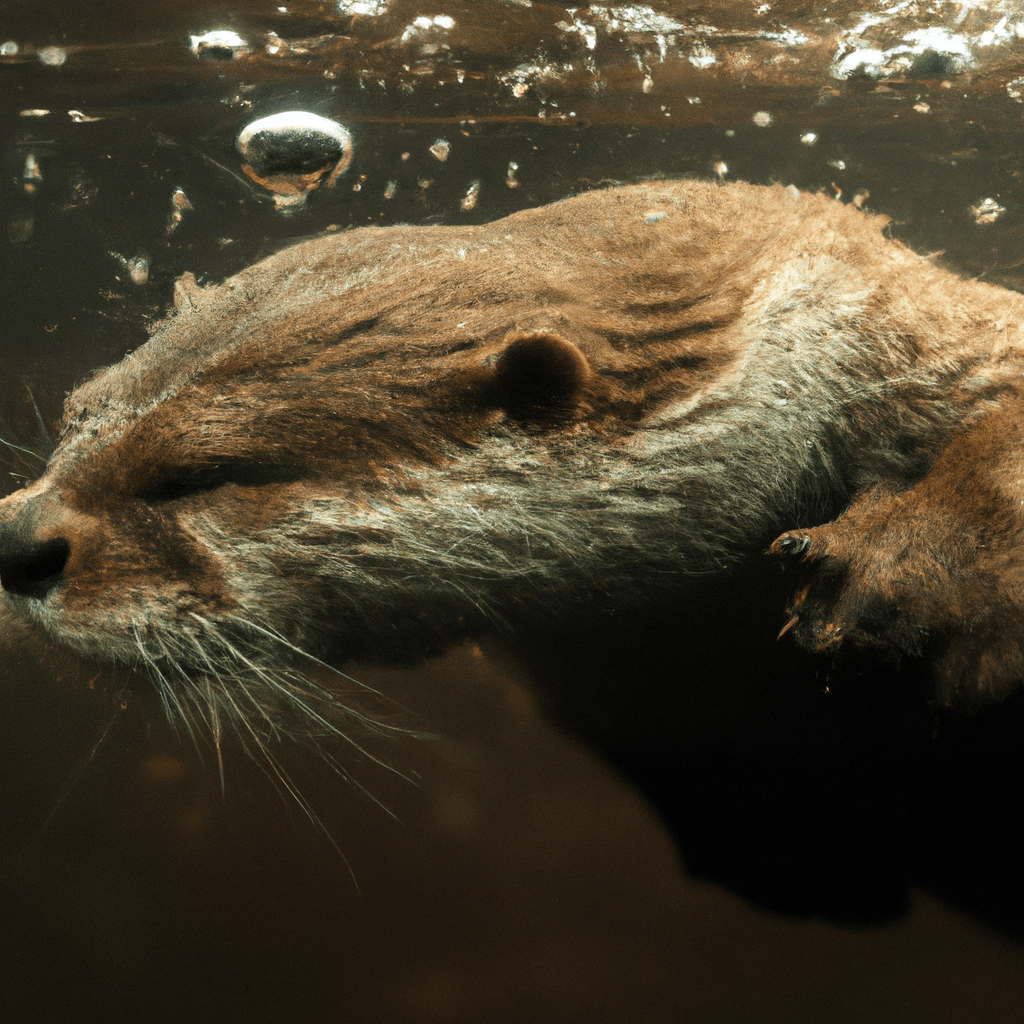 [An underwater shot capturing a river otter in its natural habitat.]. Sigma 85 mm f/1.4. No text.