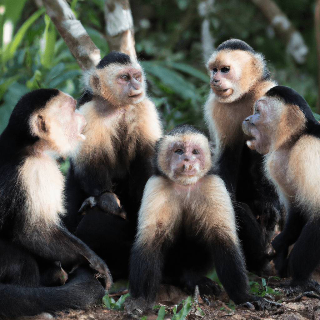 A photograph captures a group of white-faced capuchin monkeys engaged in a peaceful and coordinated conversation, using a variety of sounds and gestures to prevent conflicts and ensure harmony within their social group. Sigma 85 mm f/1.4. No text.. Sigma 85 mm f/1.4. No text.