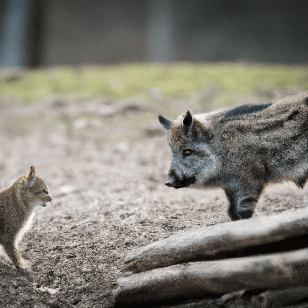 A photo capturing a wild boar cautiously observing its natural predator, a lynx, highlighting the delicate balance of their interactions. Sigma 85 mm f/1.4. No text.. Sigma 85 mm f/1.4. No text.
