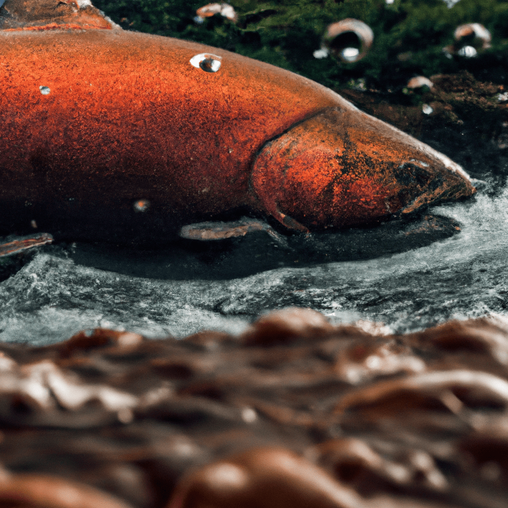 A majestic wild salmon captured by a camera trap as it navigates through a rushing river.. Sigma 85 mm f/1.4. No text.