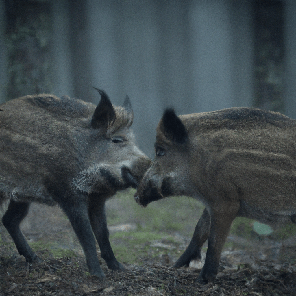 [ ] A photo of wild boars interacting and communicating with each other, captured by a camera trap.. Sigma 85 mm f/1.4. No text.