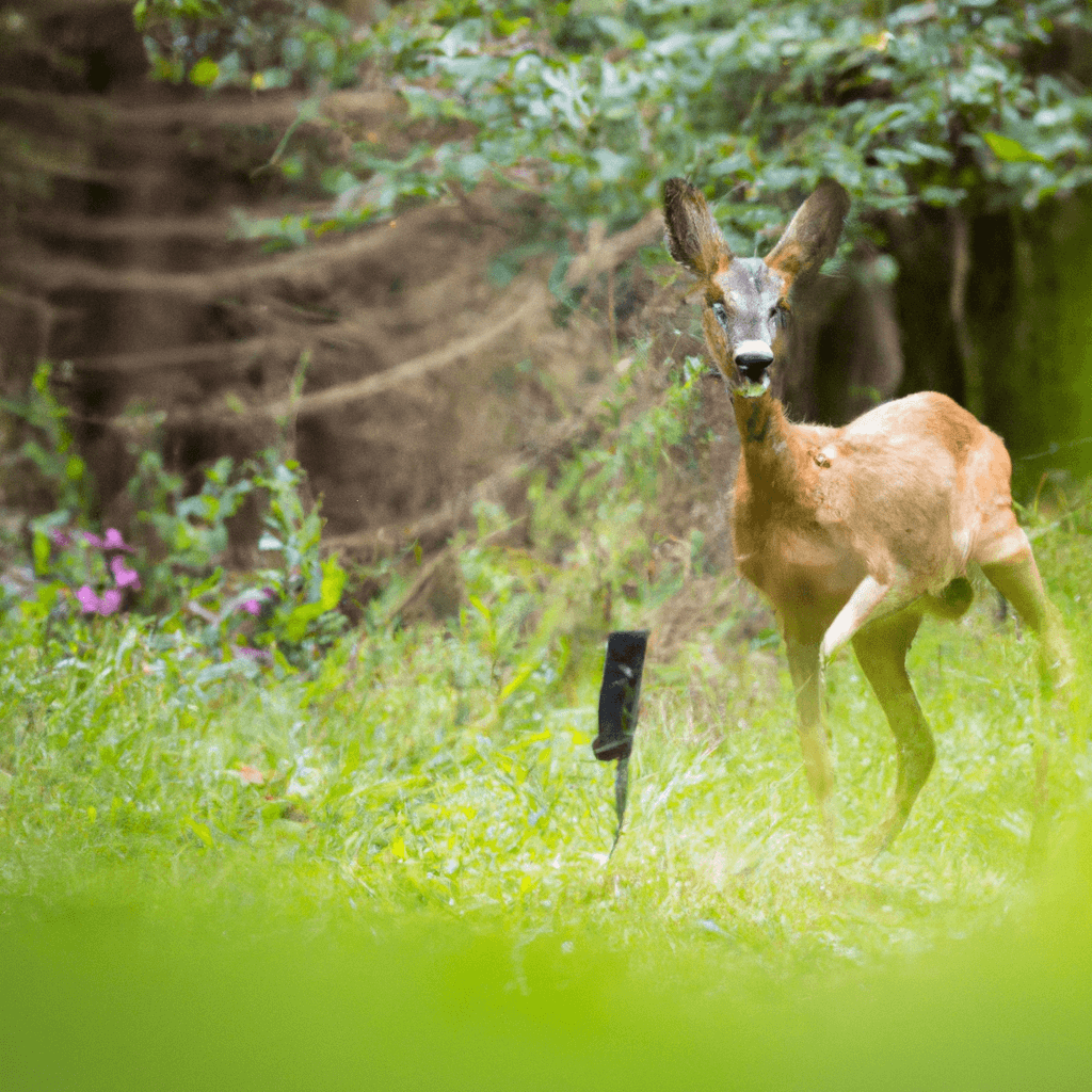 A wildlife camera positioned low in the vegetation, capturing a curious deer in its natural habitat. Sigma 85 mm f/1.4. No text.. Sigma 85 mm f/1.4. No text.