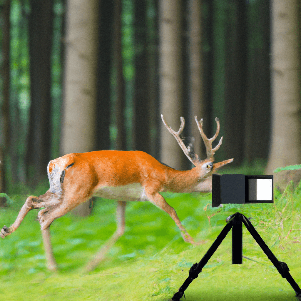 2 - A photo of a wildlife camera capturing a deer grazing in a picturesque forest clearing. Sigma 85 mm f/1.4. No text.. Sigma 85 mm f/1.4. No text.