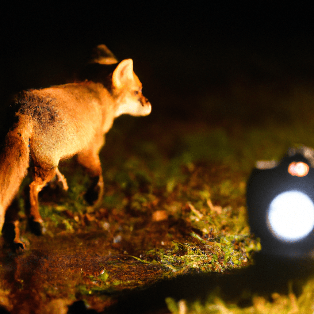 A photo of a wildlife camera capturing a curious fox exploring its natural habitat at night. Sigma 85 mm f/1.4. No text.. Sigma 85 mm f/1.4. No text.