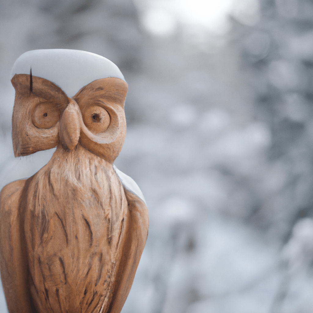 [Wooden Owl Statue in Snowy Forest]. Sigma 85 mm f/1.4. No text.