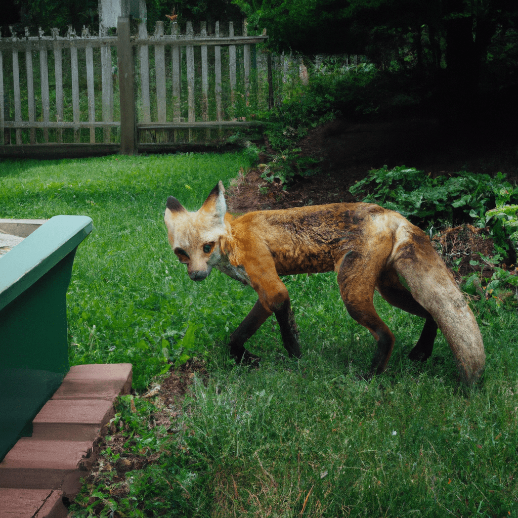 A fox explores a suburban backyard, showcasing the adaptability of these intelligent and curious creatures. Nature's fascinating interaction with human habitats. Canon 35mm f/1.8. No text.. Sigma 85 mm f/1.4. No text.