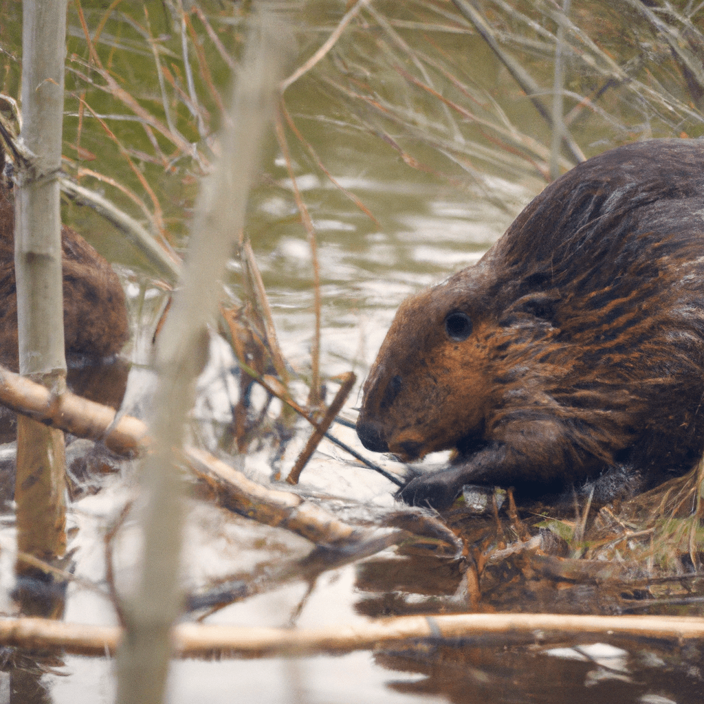 A close-up photo capturing a beaver entering its lodge near a tranquil river.. Sigma 85 mm f/1.4. No text.