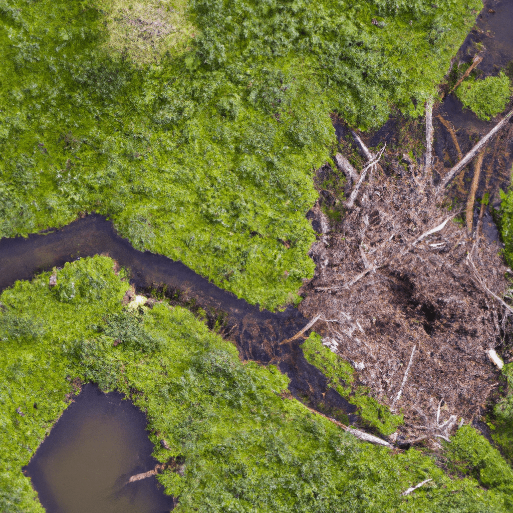 2 - A stunning aerial shot capturing the intricate network of beaver lodges and dams in their specific territories. The vibrant green surroundings showcase the beavers' expert ability to shape and create their own habitats.. Sigma 85 mm f/1.4. No text.