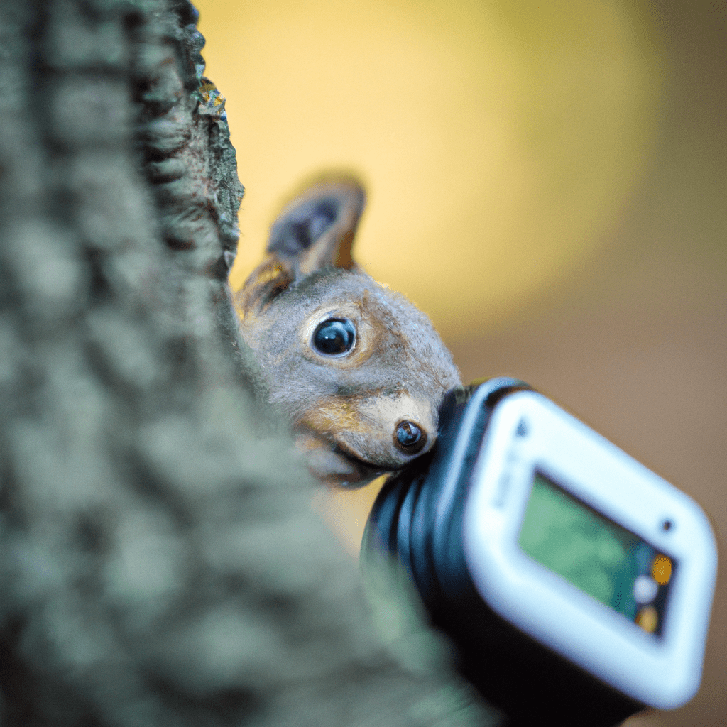 A close-up photo of a hidden wildlife camera capturing a curious squirrel in its natural habitat.. Sigma 85 mm f/1.4. No text.