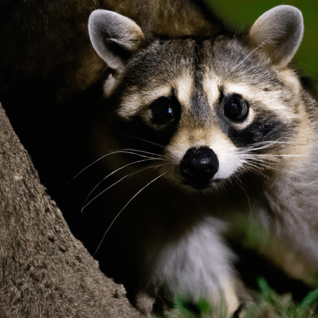 A close-up of a curious nighttime raccoon peering out from behind a tree.. Sigma 85 mm f/1.4. No text.