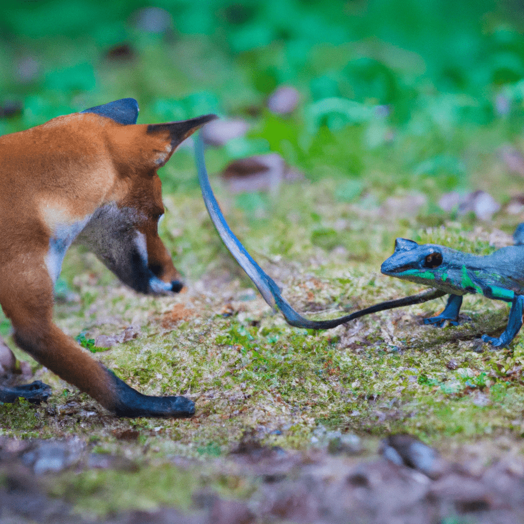 A fox hunts a lizard in a rare encounter captured by a wildlife camera trap. Fascinating interactions between foxes and reptiles. [Liška lovcem - Fox as a hunter]. Sigma 85 mm f/1.4. No text.
