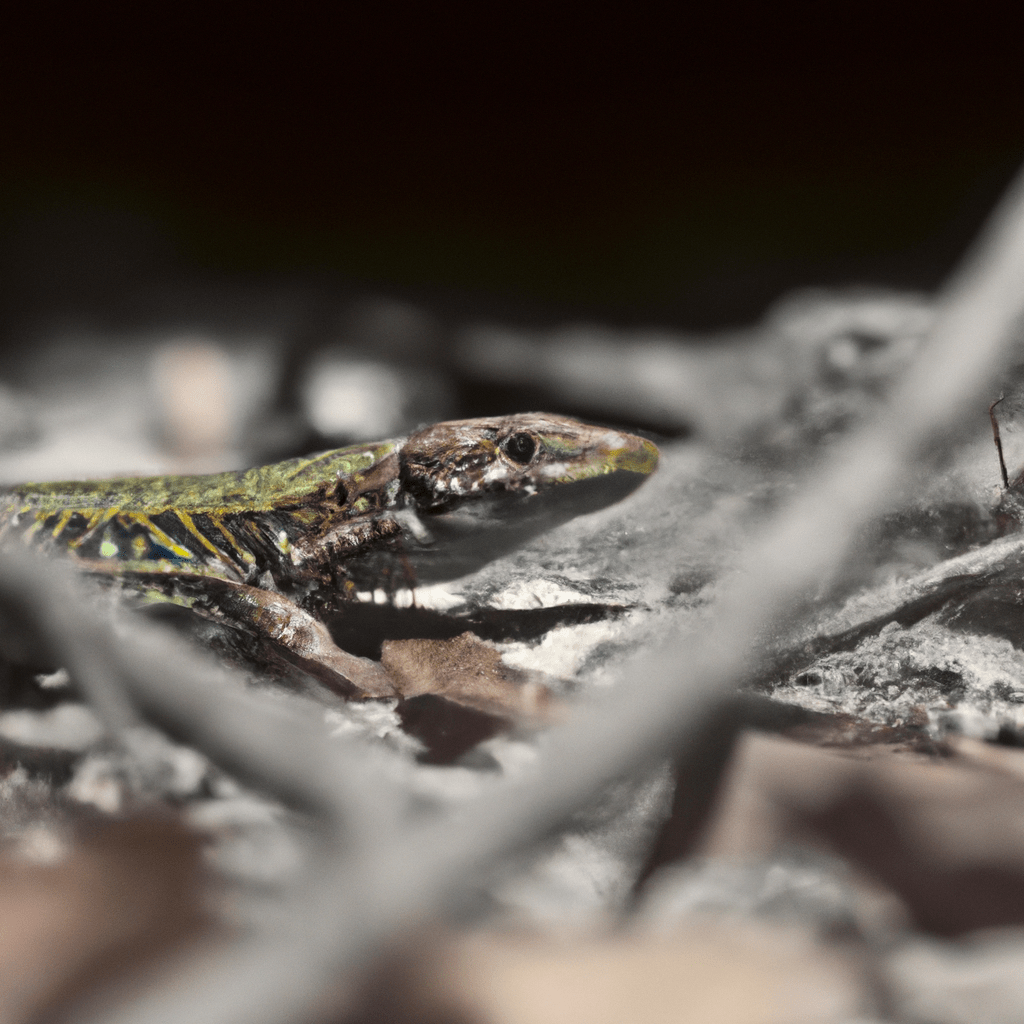 2 - [Photo: A lizard displaying its stunning camouflage abilities as it blends seamlessly with its surroundings. Nikon 200mm f/2.8. No text.]. Sigma 85 mm f/1.4. No text.