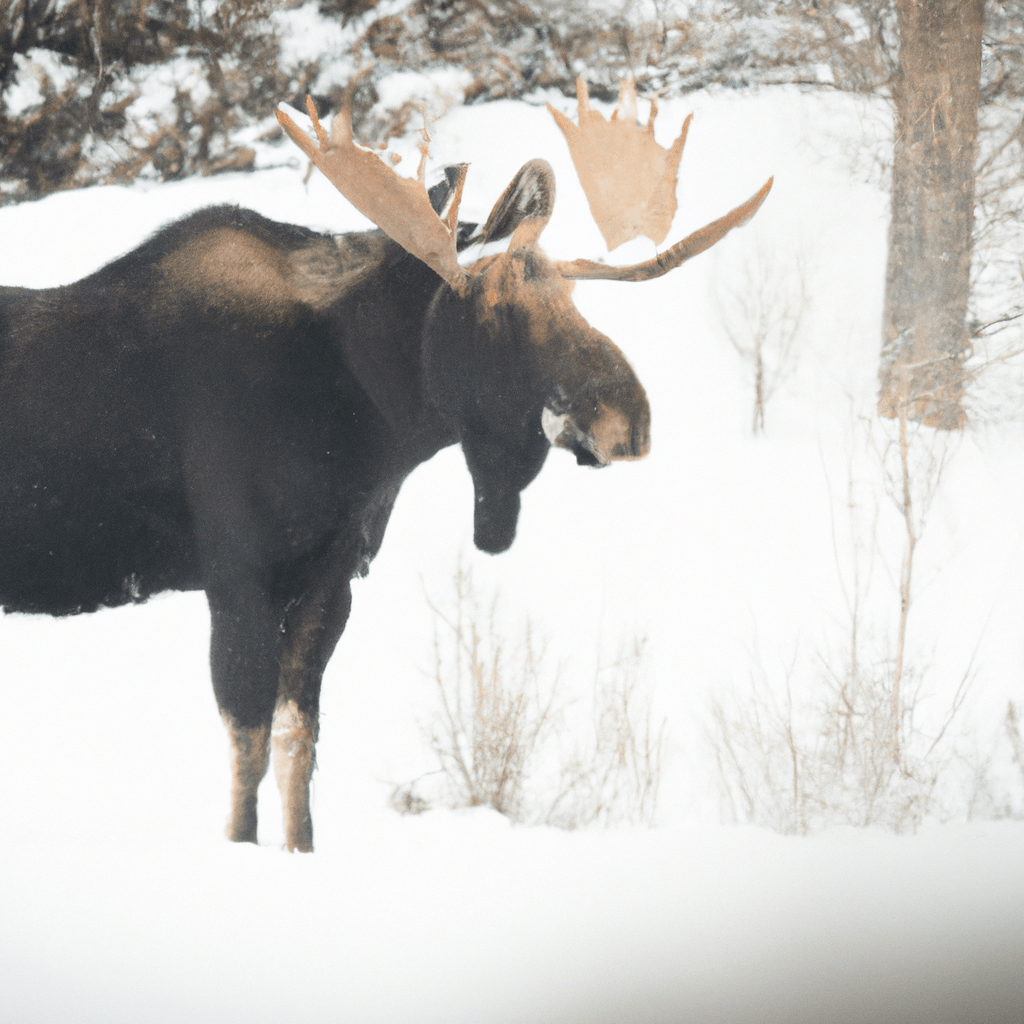 A majestic bull moose stands tall in a snowy landscape, showcasing its massive antlers and regal presence.. Sigma 85 mm f/1.4. No text.