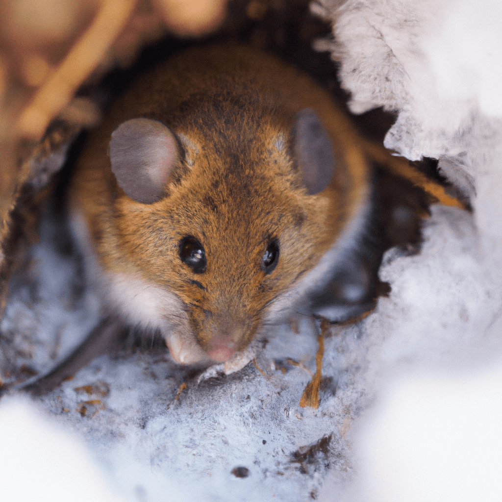 [Photo: Mouse using natural resources for survival in winter.]. Sigma 85 mm f/1.4. No text.
