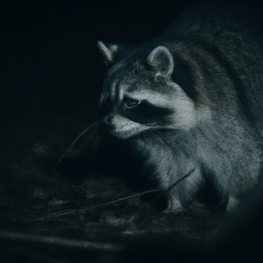 A night owl raccoon stealthily searching for food in the darkness. Nikon 50 mm f/1.8. No text.. Sigma 85 mm f/1.4. No text.
