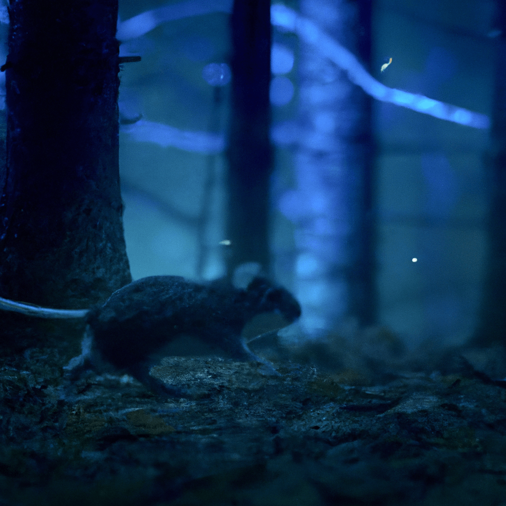 [In the photo, a small rodent scurries through the moonlit forest, captured by a hidden camera trap.]. Sigma 85 mm f/1.4. No text.