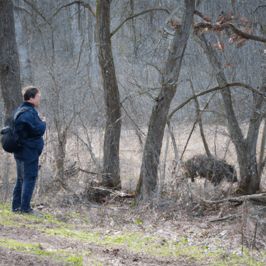 A photo of a cautious hiker observing wild boars from a safe distance in their natural habitat, minimizing potential conflicts.. Sigma 85 mm f/1.4. No text.