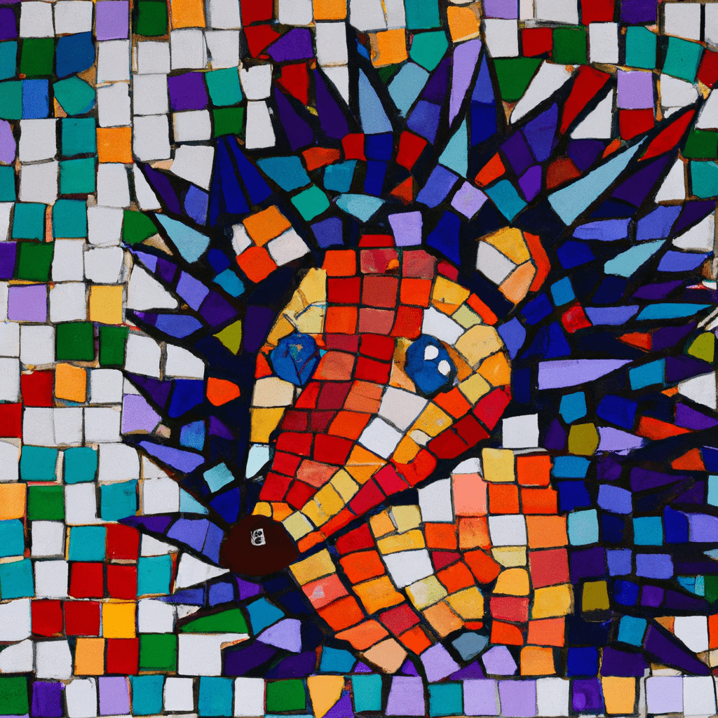 A hedgehog artistically depicted in a colorful mosaic, symbolizing resilience and mystery in human culture. Shot with Sigma 85 mm f/1.4.. Sigma 85 mm f/1.4. No text.