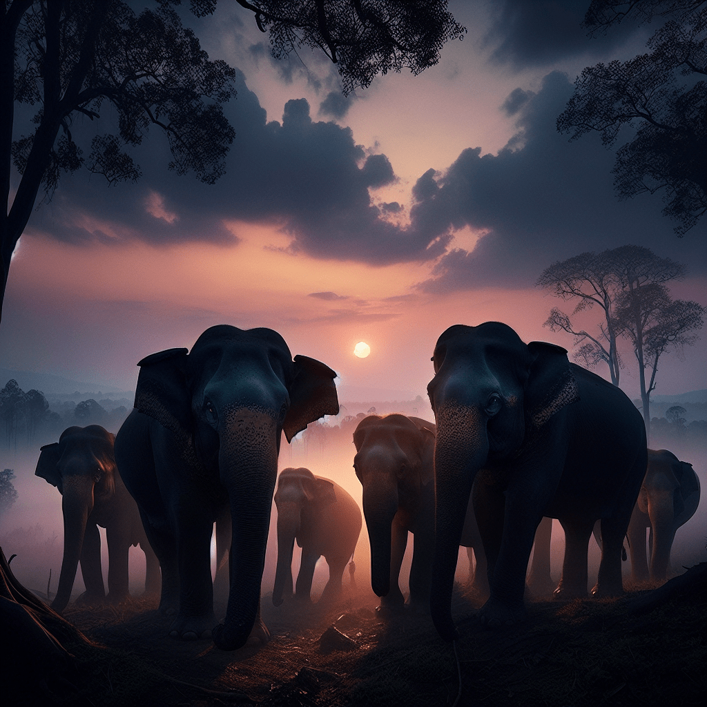 A group of curious elephants caught on camera at dusk, their silhouettes blending into the twilight. Discover the secrets of the wild with hidden camera traps!. Sigma 85 mm f/1.4. No text.