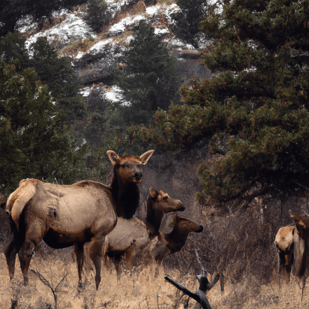 A mesmerizing capture of a family of majestic elk gracefully blending into their natural surroundings, showcasing their close bond with the surrounding environment. Sigma 85 mm f/1.4. No text.. Sigma 85 mm f/1.4. No text.