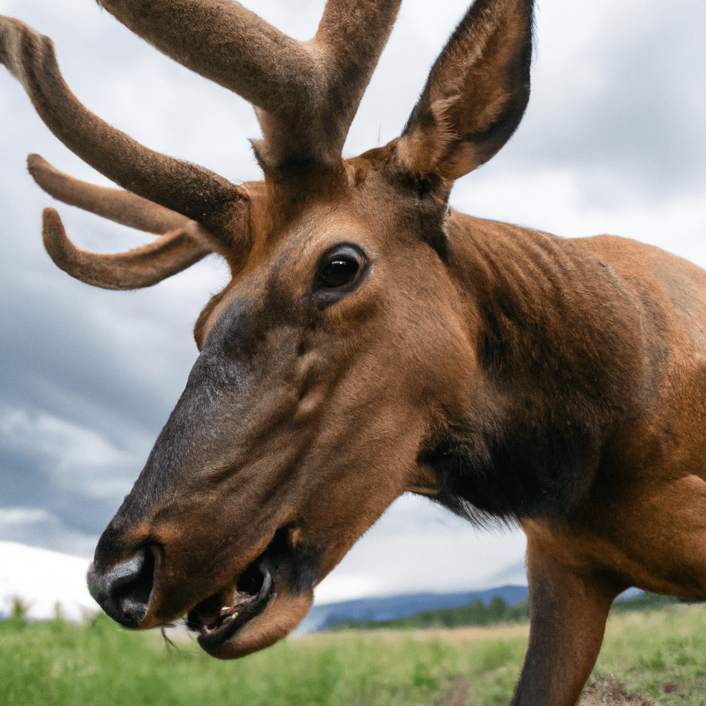 A close-up shot of a majestic elk captured by a motion-activated camera trap in its natural habitat, providing valuable insights into their behavior and population dynamics.. Sigma 85 mm f/1.4. No text.