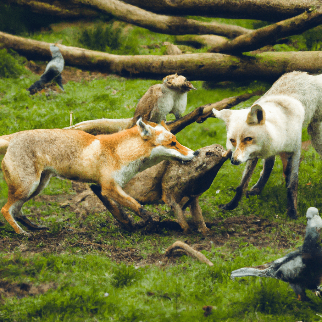 A photo capturing foxes engaging in complex interactions with a variety of animals in their natural habitat, showcasing their dynamic relationships with species like badgers, weasels, and birds. Sigma 85 mm f/1.4. No text.. Sigma 85 mm f/1.4. No text.