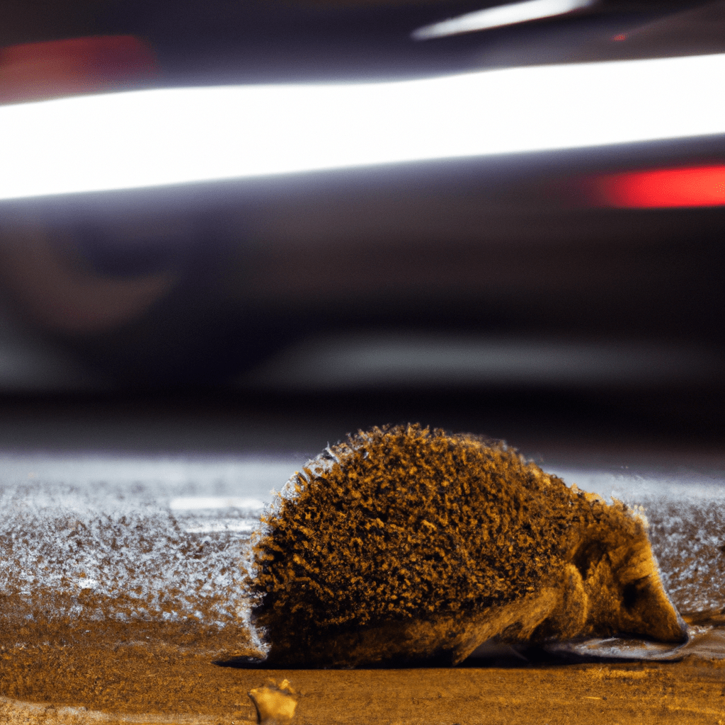 A photo of a hedgehog crossing a busy road at night, highlighting the dangers faced by hedgehogs in urban areas. [Ohrožení ježci ve městech: Fotka ježka přecházejícího rušnou silnici v noci, zobrazující nebezpečí, jimž čelí ve městských oblastech.]. Sigma 85 mm f/1.4. No text.