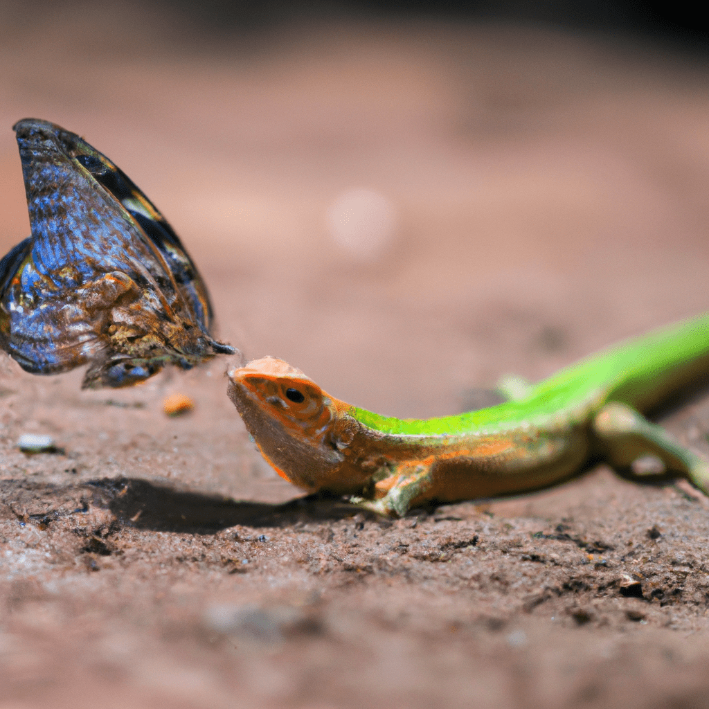 A lizard captured on a hidden camera interacting with a butterfly in the wild, revealing unique cross-species relationships.. Sigma 85 mm f/1.4. No text.