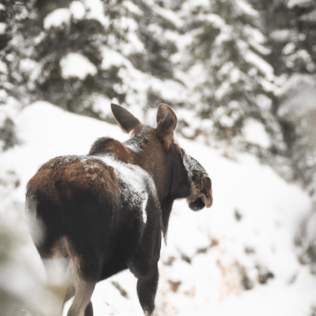 A majestic moose gracefully navigating through a snowy, rugged terrain in search of food, showcasing its remarkable survival instincts.. Sigma 85 mm f/1.4. No text.