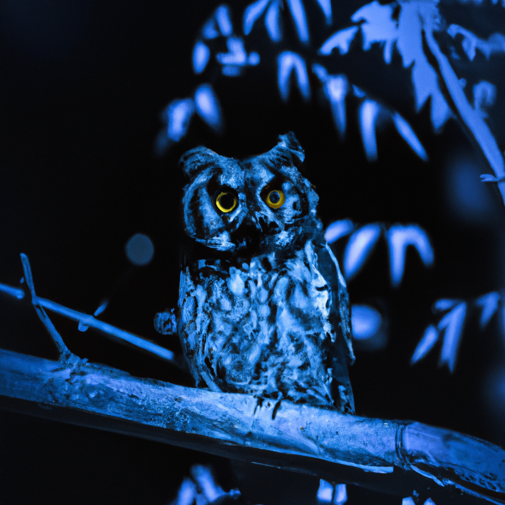 An owl perched on a branch under the moonlight, mystery in its eyes, ready for a silent hunt in the night.. Sigma 85 mm f/1.4. No text.