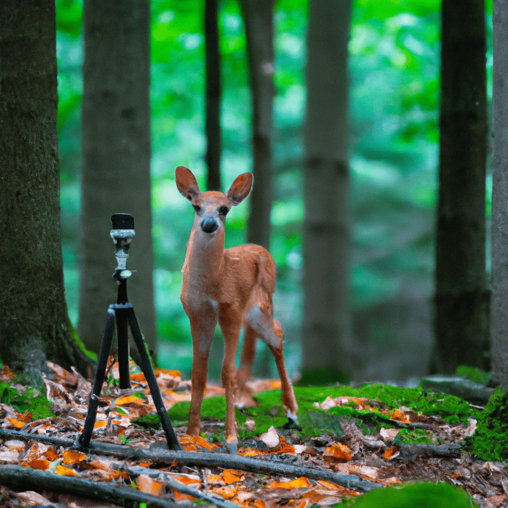 A captivating image of a playful fawn exploring the forest, captured by a wildlife camera trap, revealing the curious side of deer in their natural habitat. Sigma 85 mm f/1.4.. Sigma 85 mm f/1.4. No text.