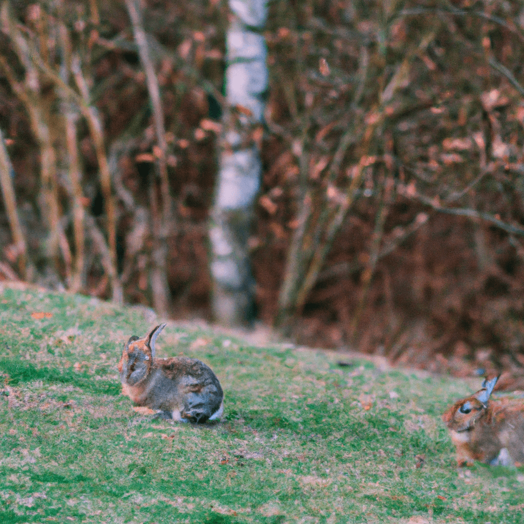 A photo of rabbits roaming through vast meadows and fields, finding food and shelter in their preferred habitat. Discovering areas with high predator presence impacting rabbit behavior and activity.. Sigma 85 mm f/1.4. No text.