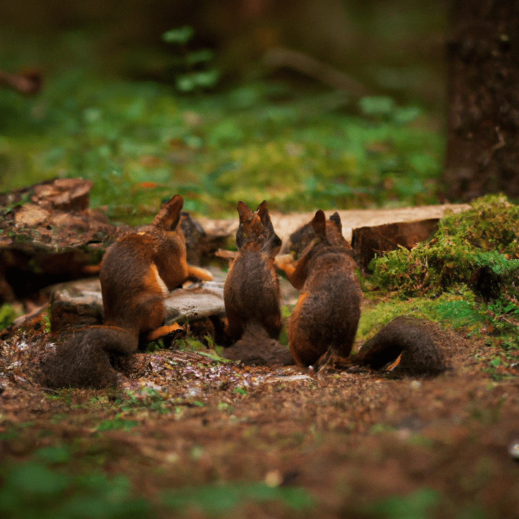 A peaceful scene captured in Borové Forest showing a family of squirrels sharing a meal as they adjust their daily routines to changing climate conditions.. Sigma 85 mm f/1.4. No text.