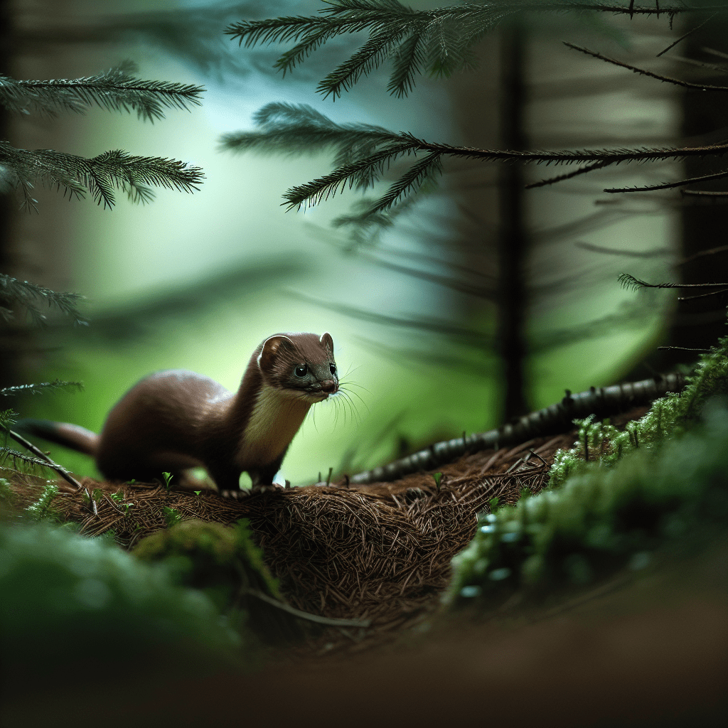 A stealthy weasel hunting in the dense forest, showcasing its agility and keen senses in the natural habitat.. Sigma 85 mm f/1.4.