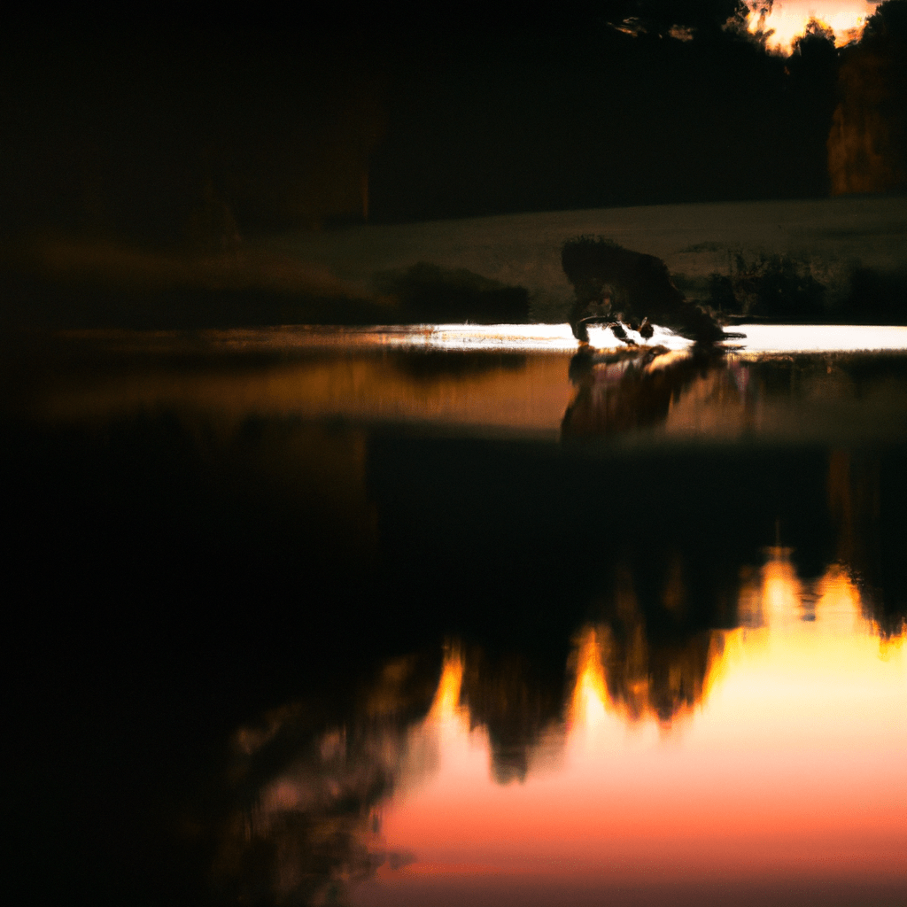 A stunning sunset silhouette of a deer gracefully drinking from a serene pond, captured by a hidden camera trap in the heart of the forest.. Sigma 85 mm f/1.4. No text.