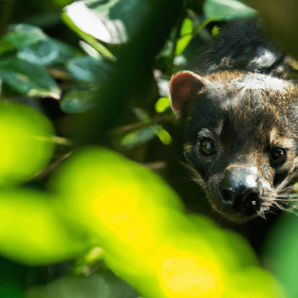 A photo capturing a camouflaged tayra blending seamlessly into lush green foliage, showcasing their exceptional natural adaptation skills.. Sigma 85 mm f/1.4. No text.