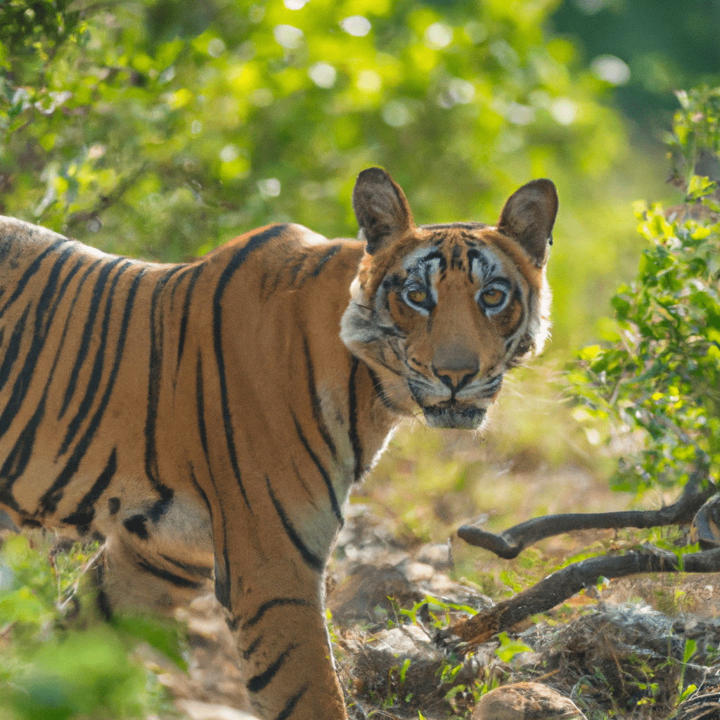 A majestic tiger captured by a camera trap in its natural habitat, showcasing the beauty of wildlife conservation efforts.. Sigma 85 mm f/1.4. No text.