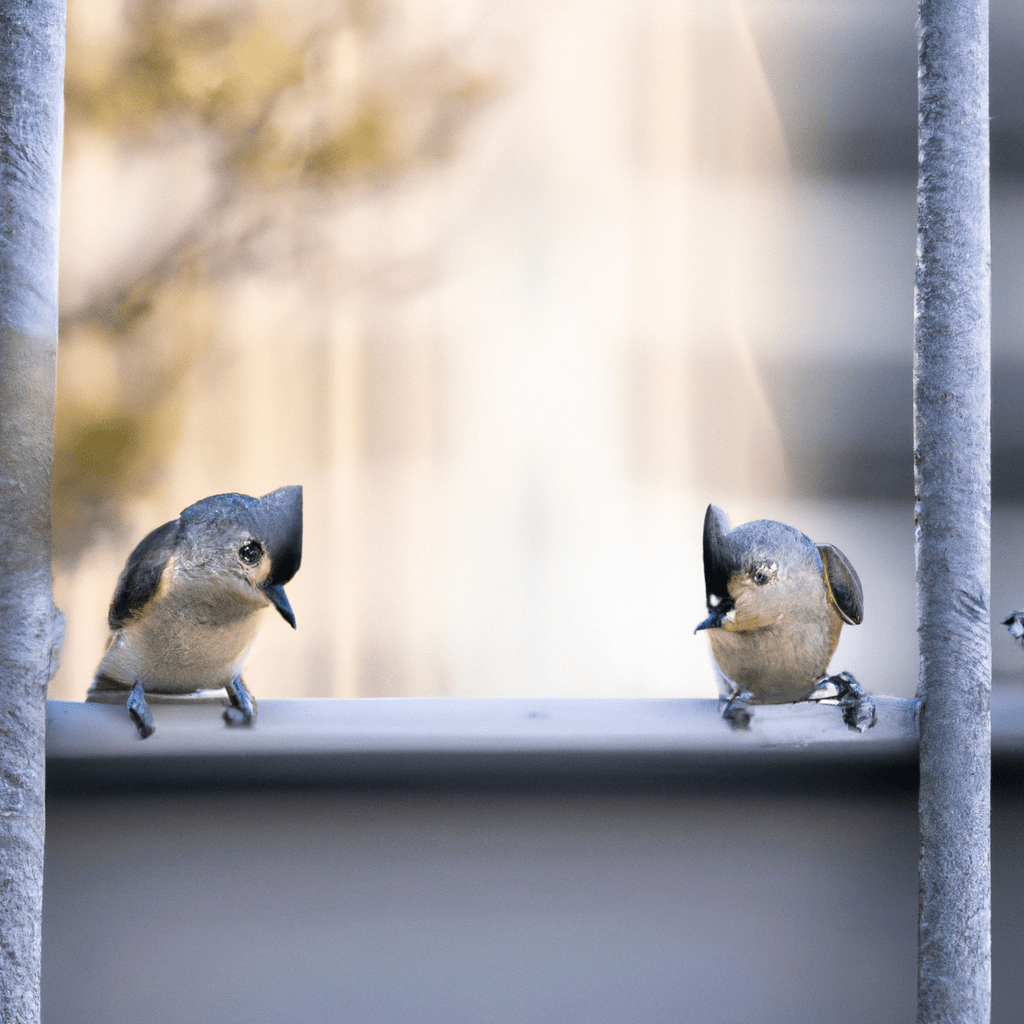 A thought-provoking image of a pair of tufted titmice adapting to urban expansion, highlighting the impact of human activity on their population. Discover the resilience of these small birds in the face of environmental challenges.. Sigma 85 mm f/1.4. No text.