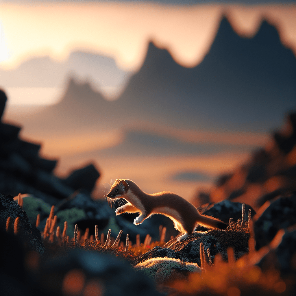 A weasel showcasing its remarkable agility and skill while stealthily maneuvering through a rocky terrain at dusk. Sigma 85mm f/1.4.. Sigma 85 mm f/1.4.