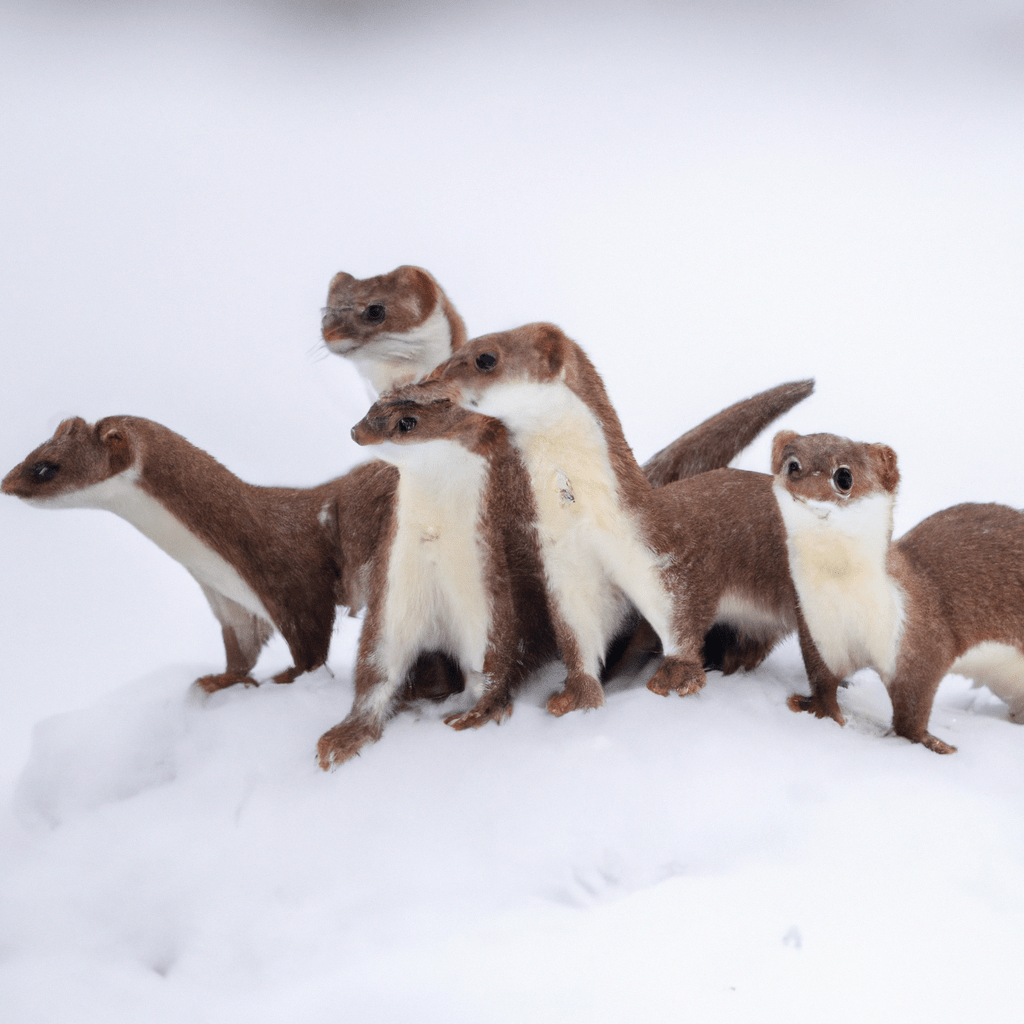A group of weasels in a snowy winter landscape, displaying hierarchy as they work together to hunt for food and stay warm.. Sigma 85 mm f/1.4. No text.