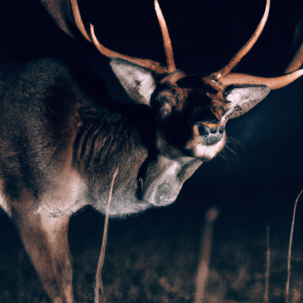 A captivating image of a curious stag lured by an enticing scent to a wildlife camera in the wilderness. Discovery of the night.. Sigma 85 mm f/1.4. No text.