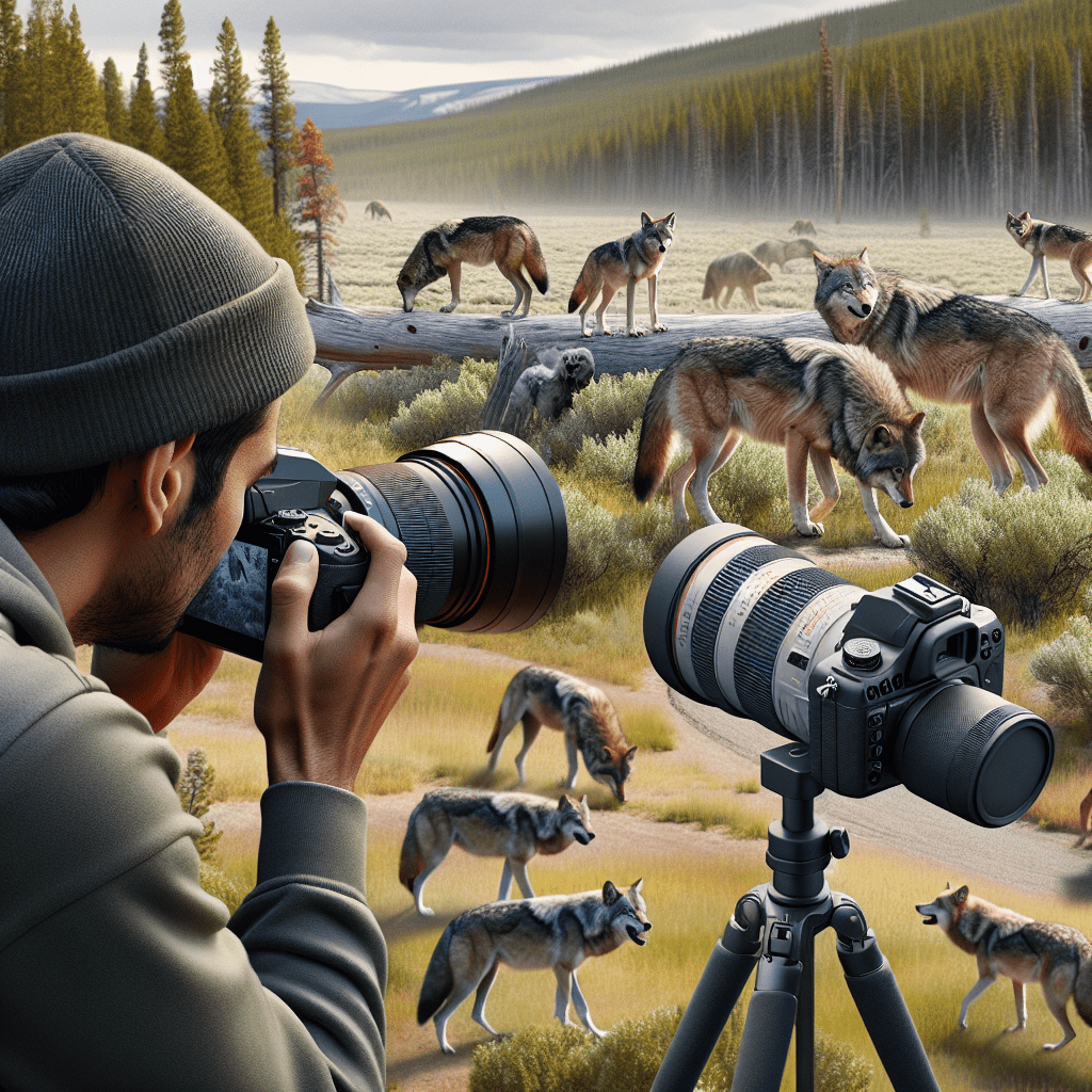 A wildlife researcher observing a pack of wolves in Yellowstone National Park using motion sensor-activated cameras to study their social behavior.. Sigma 85 mm f/1.4.