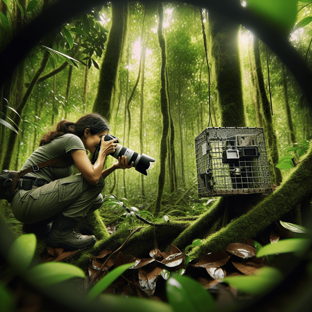 A wildlife photographer carefully concealing a camera trap in the dense forest, ensuring minimal disturbance to the natural habitat. Follow safety guidelines to respect wildlife.. Sigma 85 mm f/1.4. No text.