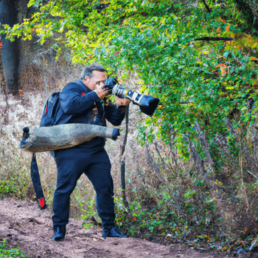 A photo of a careful wildlife photographer equipped with all necessary gear and ready to capture wild boars in their natural habitat.. Sigma 85 mm f/1.4. No text.